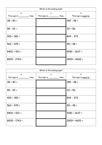 Maths Missing greater than, less than or equal to Sign | Teaching Resources