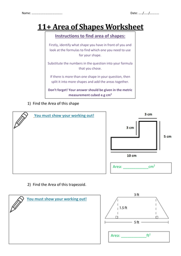 11+ Area of Shapes Worksheet