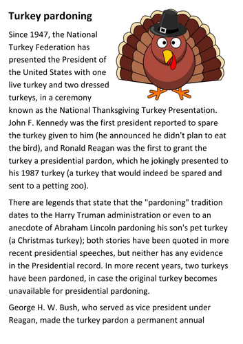 Turkey pardoning Thanksgiving Handout