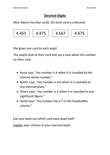 Decimals Problem Solving (Homework)