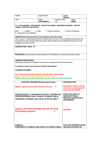 Lesson Obs on past tense graded good with outstanding  end of 2016