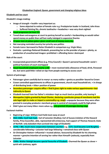 REVISION: "Elizabethan England: Queen, government and changing religious ideas"