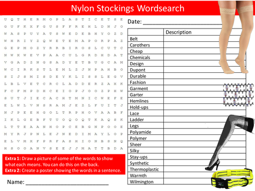 Nylon Stockings Wordsearch Textiles Modern Materials Starter Settler Activity Homework Cover Lesson