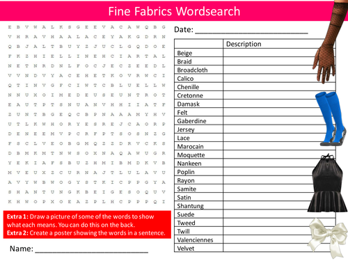 Fine Fabrics Wordsearch Textiles Design Technology Starter Settler Activity Homework Cover Lesson