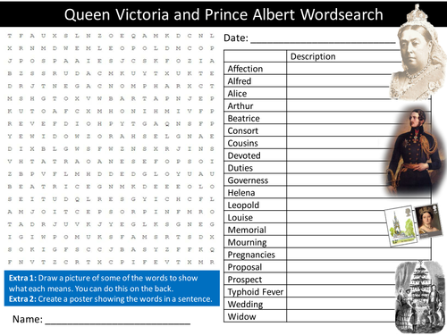Queen Victoria and Prince Albert Wordsearch History Starter Settler Activity Homework Cover Lesson