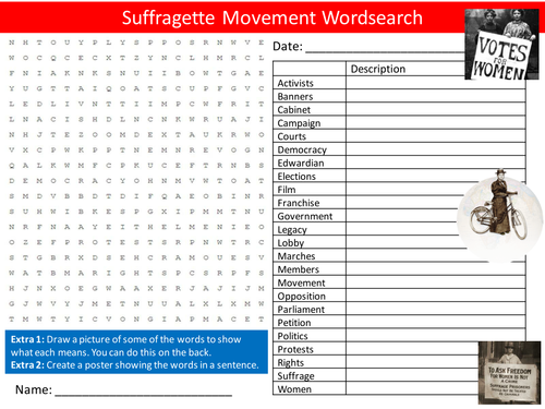 The Suffragettes Wordsearch Suffrage Equal Rights Starter Settler Activity Homework Cover Lesson