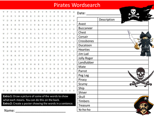 Pirates Wordsearch History Starter Settler Activity Homework Cover Lesson