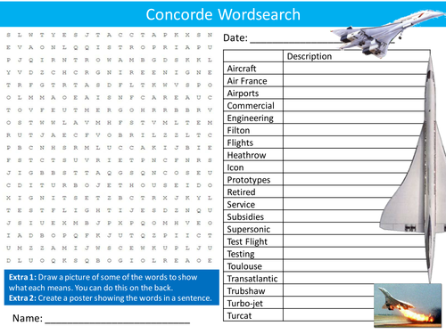 Concorde Wordsearch Air Travel Planes Aeroplanes Starter Settler Activity Homework Cover Lesson