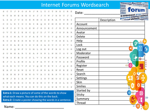 ICT Internet Forums Wordsearch Computing Starter Settler Activity Homework Cover Lesson