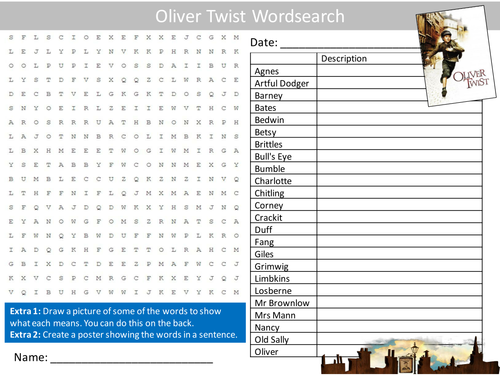 Oliver Twist Wordsearch Charles Dickens Novel Starter Settler Activity Homework Cover Lesson