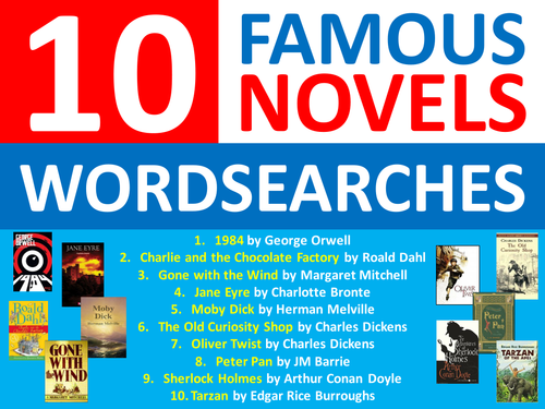 10 x Famous Novels Wordsearches English Literature Starter Settler Cover Wordsearch