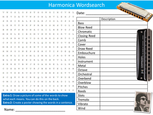 Harmonica Instrument Wordsearch Music Starter Settler Activity Homework Cover Lesson