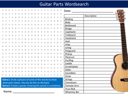 Guitar Parts Wordsearch Music Insstrument Starter Settler Activity Homework Cover Lesson