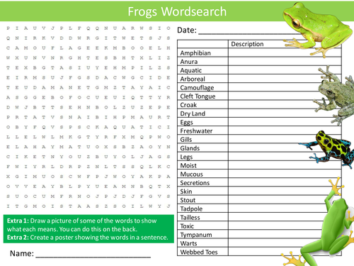 Frogs Wordsearch Animals Amphibians Starter Settler Activity Homework Cover Lesson