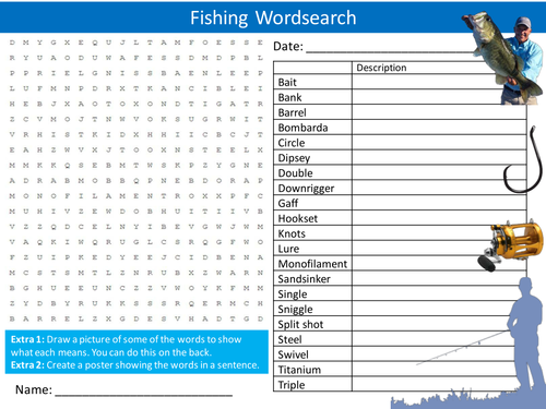 Fishing Wordsearch Sports Outdoor Activities Starter Settler Activity Homework Cover Lesson