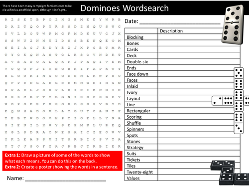 Dominoes Wordsearch Indoor Games Starter Settler Activity Homework Cover Lesson