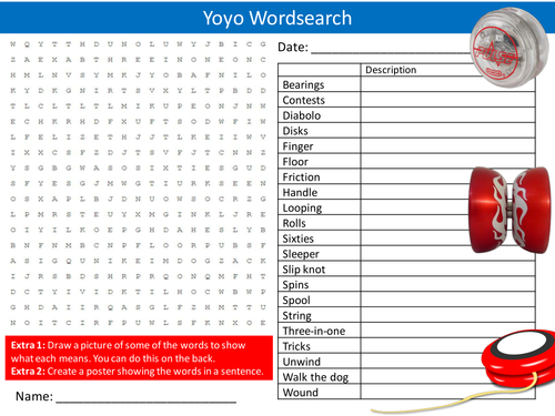 Yoyo Yo-Yo Wordsearch Sports PE Games Starter Settler Activity Homework Cover Lesson