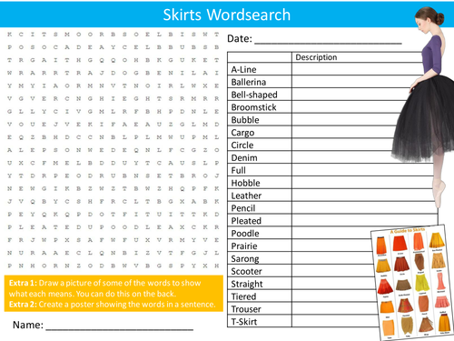 Types of Skirts Wordsearch Textiles Design Fashion Starter Settler Activity Homework Cover Lesson
