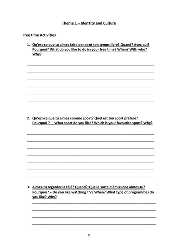 THEME 1 IDENTITY AND CULTURE: FREE TIME ACTIVITIES