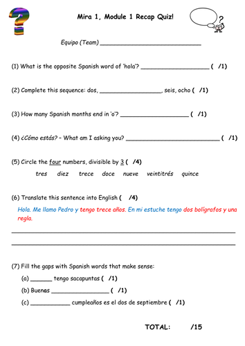 Spanish Mira 1 - Module 1 Revision Quiz and Game for Start of Module 2: Numbers, Months, Bag Items