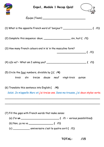 French - Expo 1 Module 1 Revision, prior to Module 2. Quiz + game: numbers, bag items, colours etc