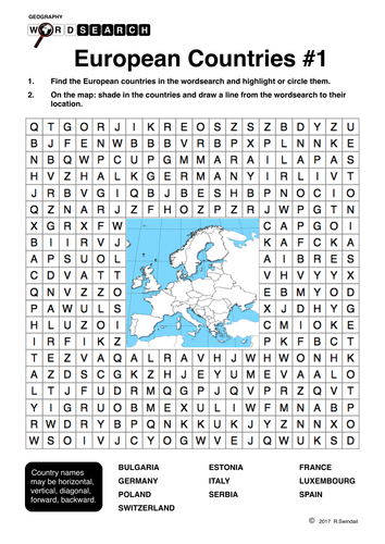 European Countries Wordsearch and Mapping Exercise #1