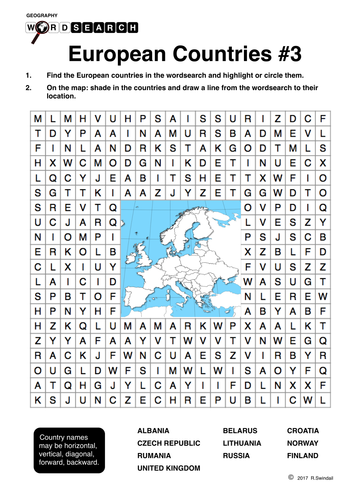 European Countries Wordsearch and Mapping Exercise #3