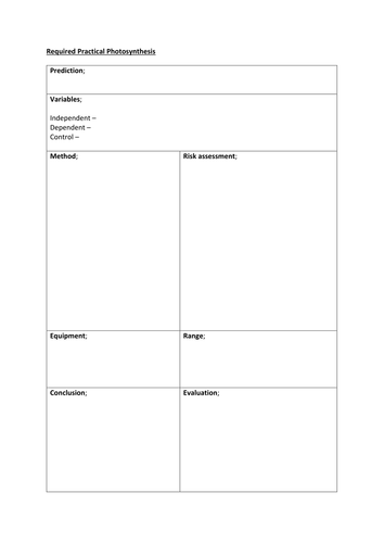 Required Practical planning sheet - Photosynthesis