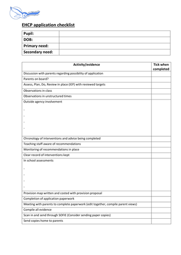 EHCP application checklist and evidence gathering