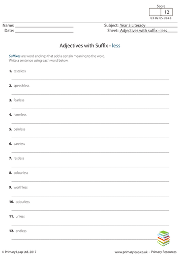 english worksheet adjectives with suffix less teaching resources