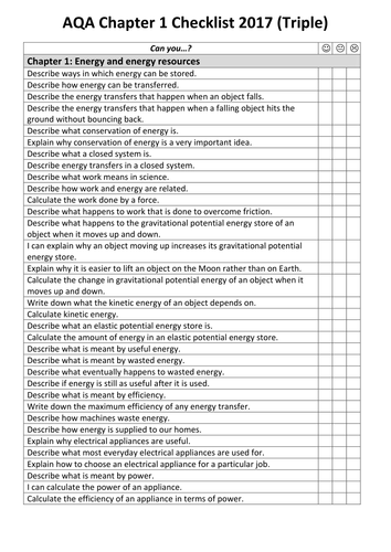AQA (9-1) GCSE Triple Physics Revision Checklists (with equations and keywords).