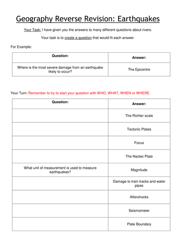 Geography - Reverse Revision Worksheets
