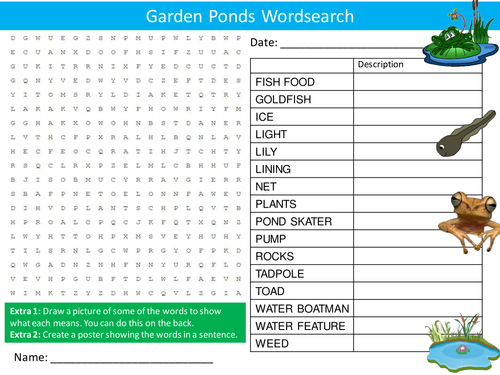 Garden Ponds Wordsearch Nature Wildlife Starter Settler Activity Homework Cover Lesson