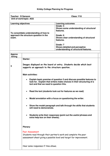 OFSTED/Interview Lesson On New AQA GCSE English Question 3 Structure Question Outstanding Lesson