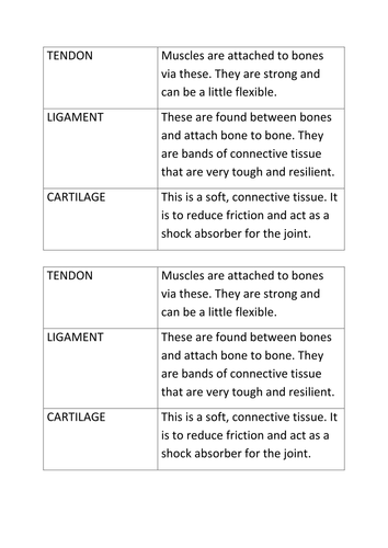 GCSE PE - Tendons, Ligaments & Cartilage - CUT & STICK