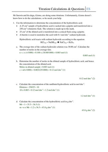 Titration Calculations And Questions Worksheet Teaching Resources