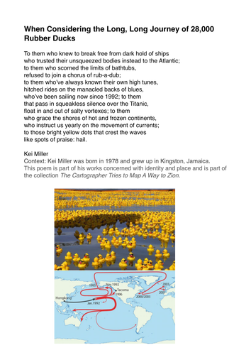 AQA Unseen poetry:  When Considering the Long Long Journey of 28000 Rubber Ducks.