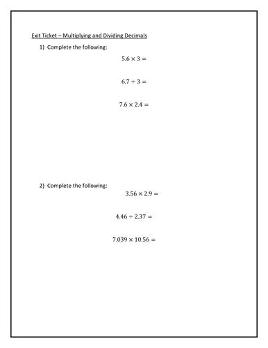 Exit Ticket - Multiplying and Dividing Decimals