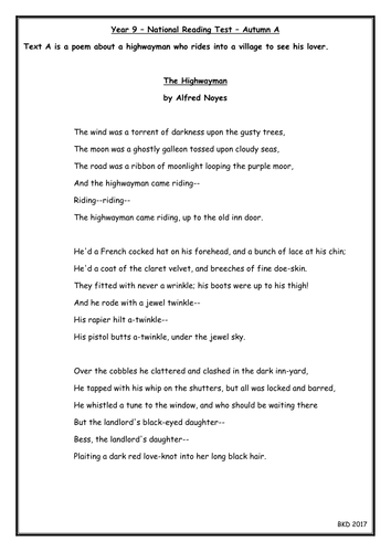 National Reading Test - KS3 - Poetry Practice Paper - The Highwayman