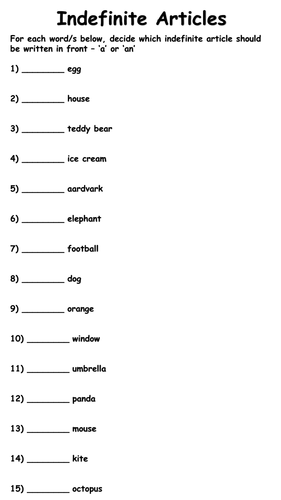 Indefinite Article Worksheet - A or an