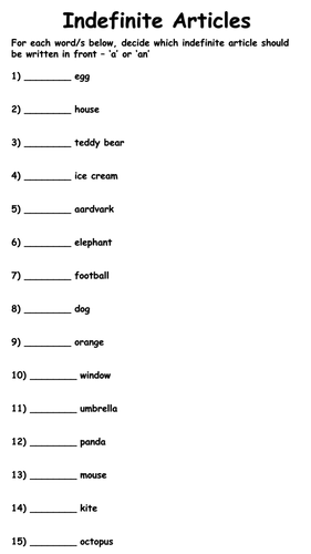 Indefinite Article Worksheet A Or An Teaching Resources