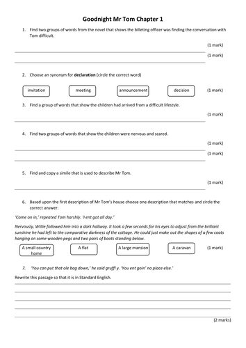 Goodnight Mr Tom (Chapter 1) Year 6 Comprehension  SATs Style Questions