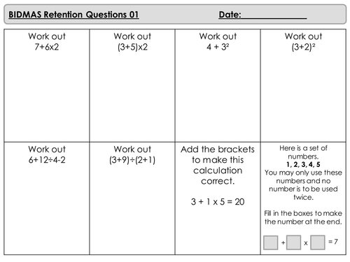 Mastery Maths - Retention Questions - BIDMAS - Orders of Opertations