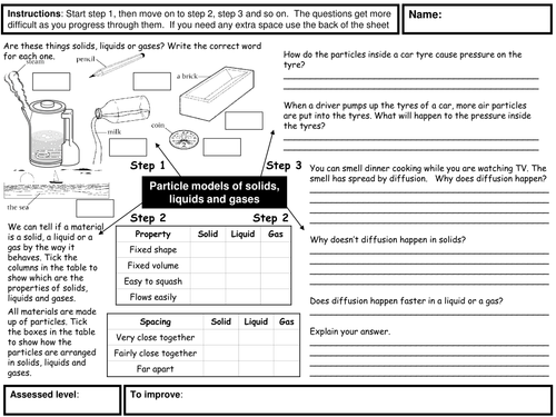 Particle model of solids, liquids and gases homework