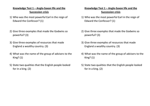 AQA GCSE History Normans Knowledge Tests