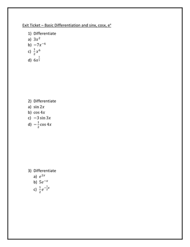 Exit Ticket - Basic Differentiation and sinx, cosx, ex