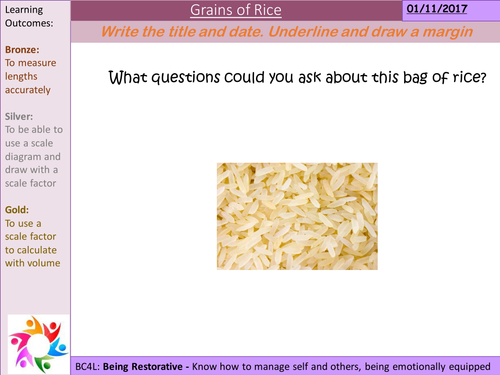 Grains of rice in a classroom