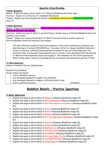 Buddhist Beliefs - Practice Questions - GCSE AQA 2016 Spec