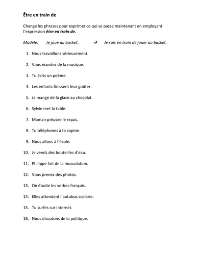 Être en train de French Verb Worksheet 2 | Teaching Resources