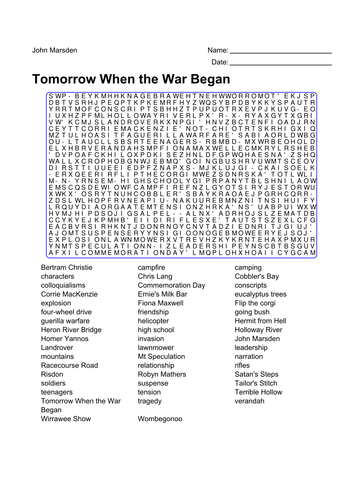 Word Search - Tomorrow When the War Began